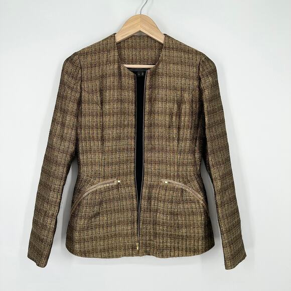 Theyskens’ Theory Jelsor Blazer Plaid Metallic Gold Zip Jacket - Picture 10 of 16